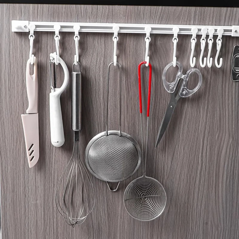 【F】Plastic Track Row Hooks Non Punching Wall Mounted Long Row Hook With Removable Hooks Self-adhesive Cabinet Hook