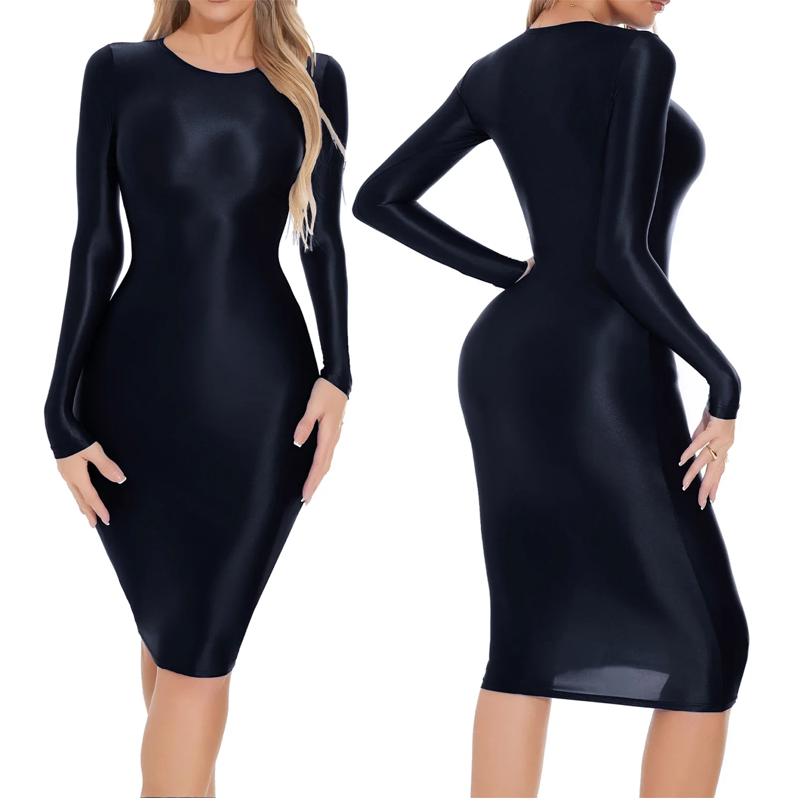 Round Neck Long Sleeve Hip Wrap Sleep Dress Sexy Nightwear Rave Party Clubwear Female Clothing Womens Oil-shiny Bodycon Dress