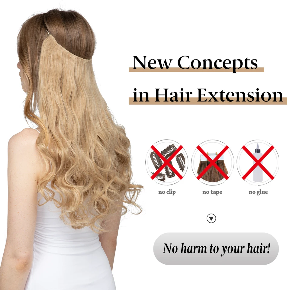 Extensión de cabello sintética sin clip, ondulada, ombre, negro natural, rubio y rosa, pieza única, con línea de pesca, postizo 2