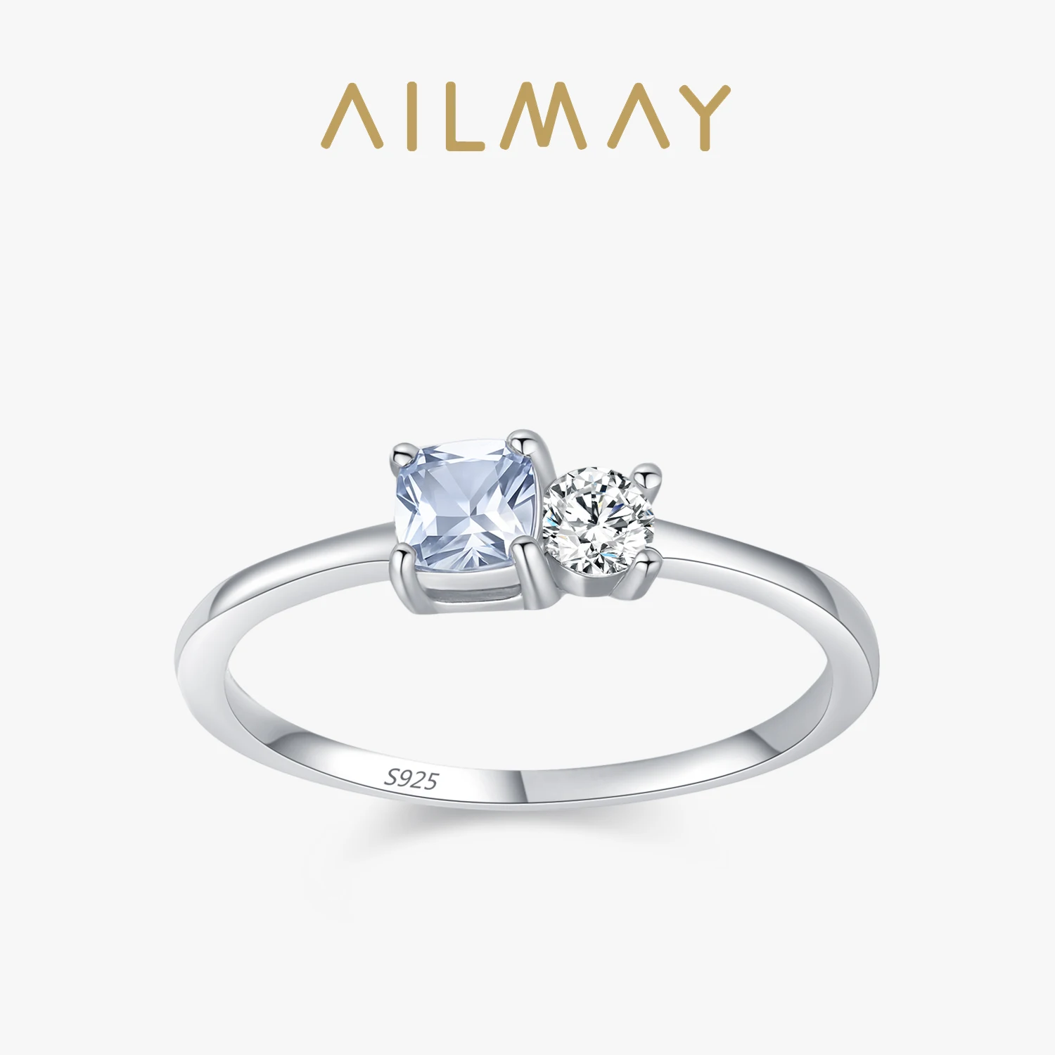 Ailmay 925 Sterling Silver Square Sea Blue Zircon Rings for Women Love Anniversary Jewelry Girlfriend Gift