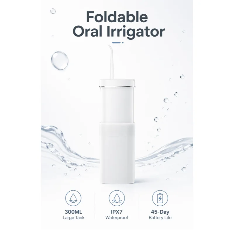 Portable Telescopic Oral Irrigator Foldable Water Flosser 5 Jet Tips Compact Travel Cordless Dental Teeth Gum Cleaner