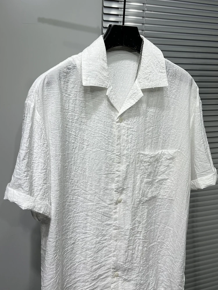 2025 Men's Summer New Thin Niche Pleated Tops Loose Comfort Breathable Handsome Shirts Men's Simple Lapel Short Sleeve Shirts