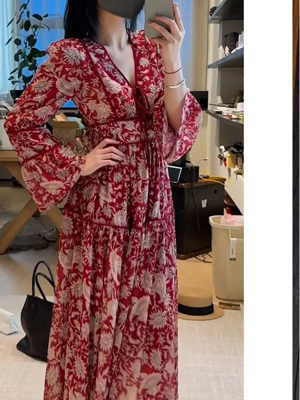 Faionable Red V-Ne Floral Dr 2025 صيف جديد Sle المرأة عالية الخصر ألف خط تنورة طويلة Sve سستة إغلاق تخفيف...