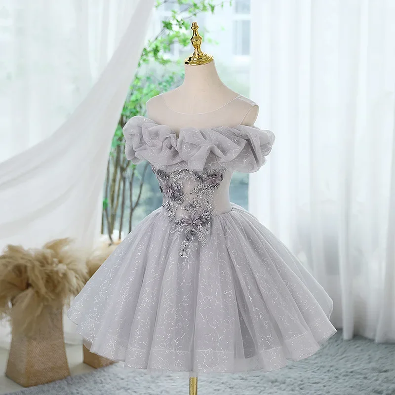 Customized Fashion Short Solid Strapless Design Ceremonial Dress Front Exquisite Floral Appliques Prom Robe Slim Fit Tiered Sequ