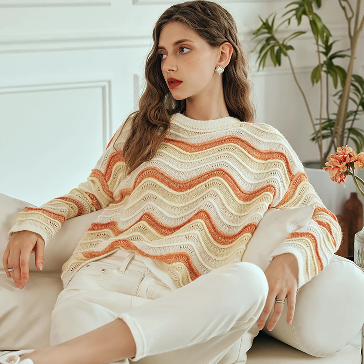 

OLrain Knitted Wavy Stripe Sweater Women's Autumn 2025 New O-Neck Loose Sweater Long Sleeve Knitwear Female Clothing O24CM83638