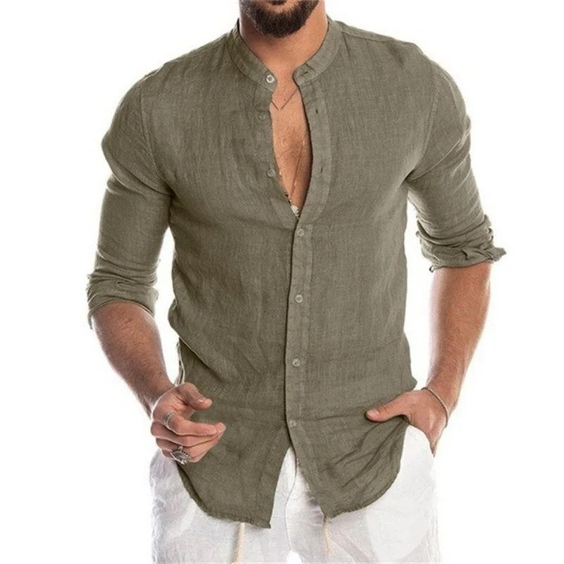 Moda masculina casual camisa de cor sólida botão de linho algodão confortável diário camisa de manga longa