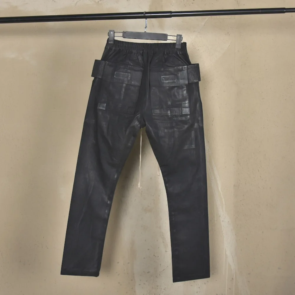 High Street RO Dark Japanese Wax Double Ring Cowboy Pants Men's High Street Coated Wax Feel Small Foot Pants