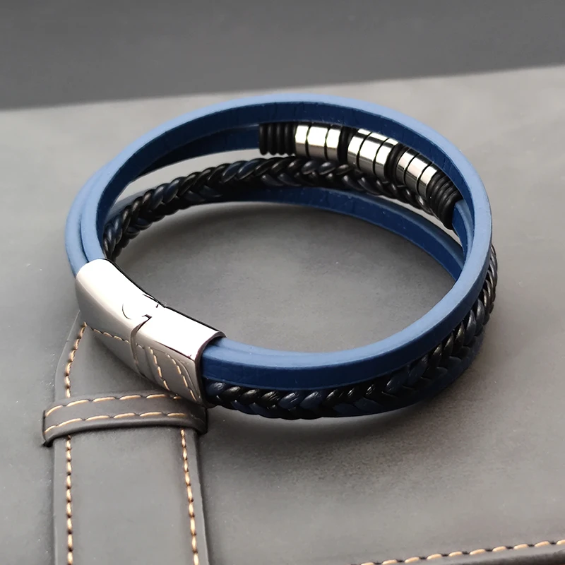 MingAo Braided Rope Woven Bracelets for Men Multilayer Leather Stainless Steel Clasp Punk Bangle Friend Charm Jewelry Wholesale