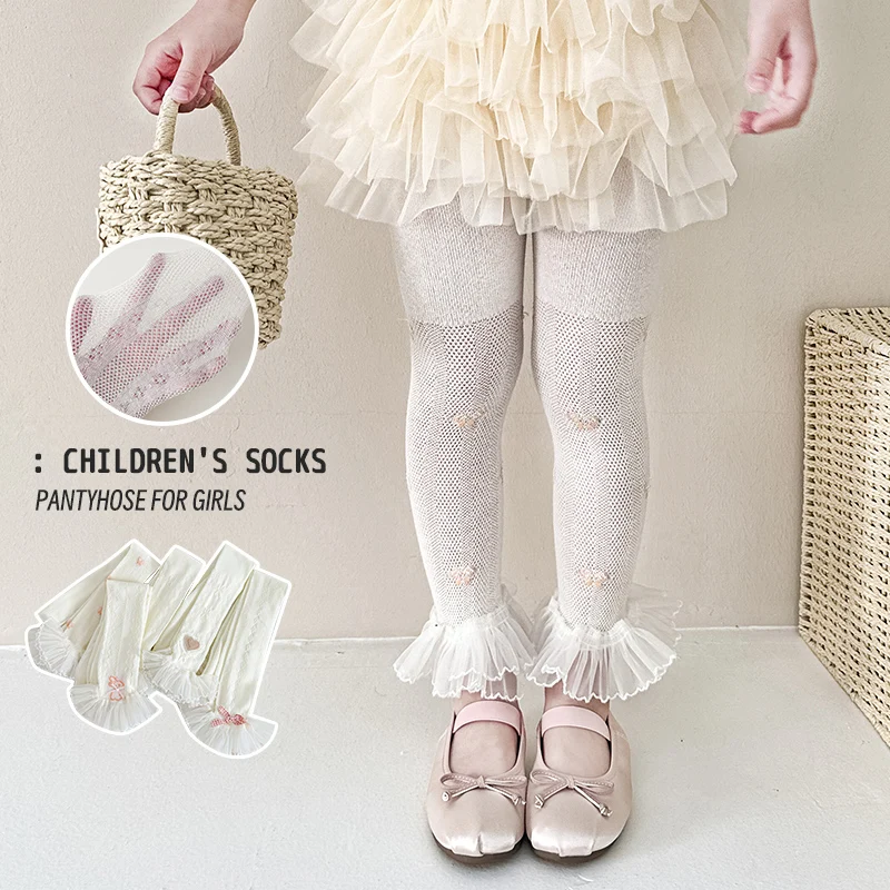 

Girls Breathable Nine-point Leggings Various Cute Mesh Styles Exquisite Big Lace Edge Light Thin Stretchy Wear-resistant Bottoms