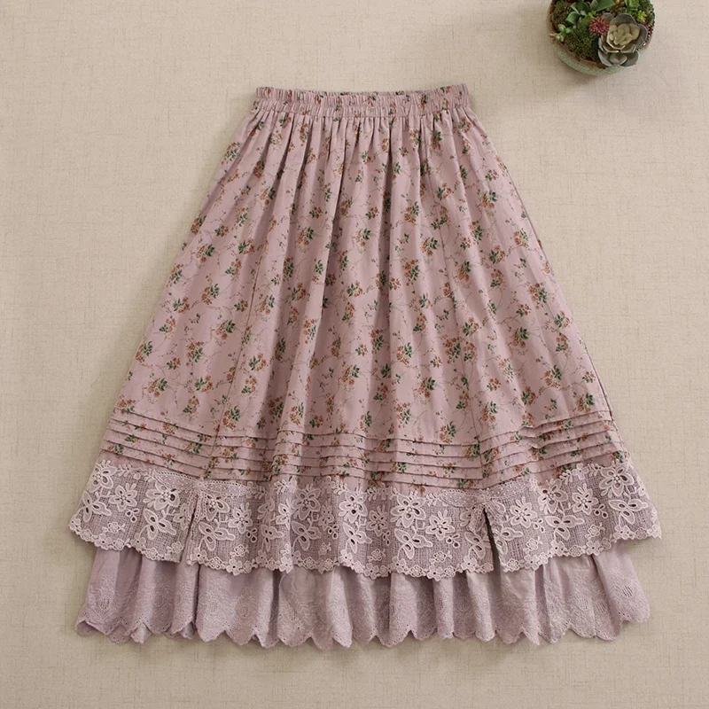 Summer Sweet Mori Girl Vintage Floral Print Embroidered Cotton Skirt Women Elastic Waist Double Layer Casual A-line Skirts