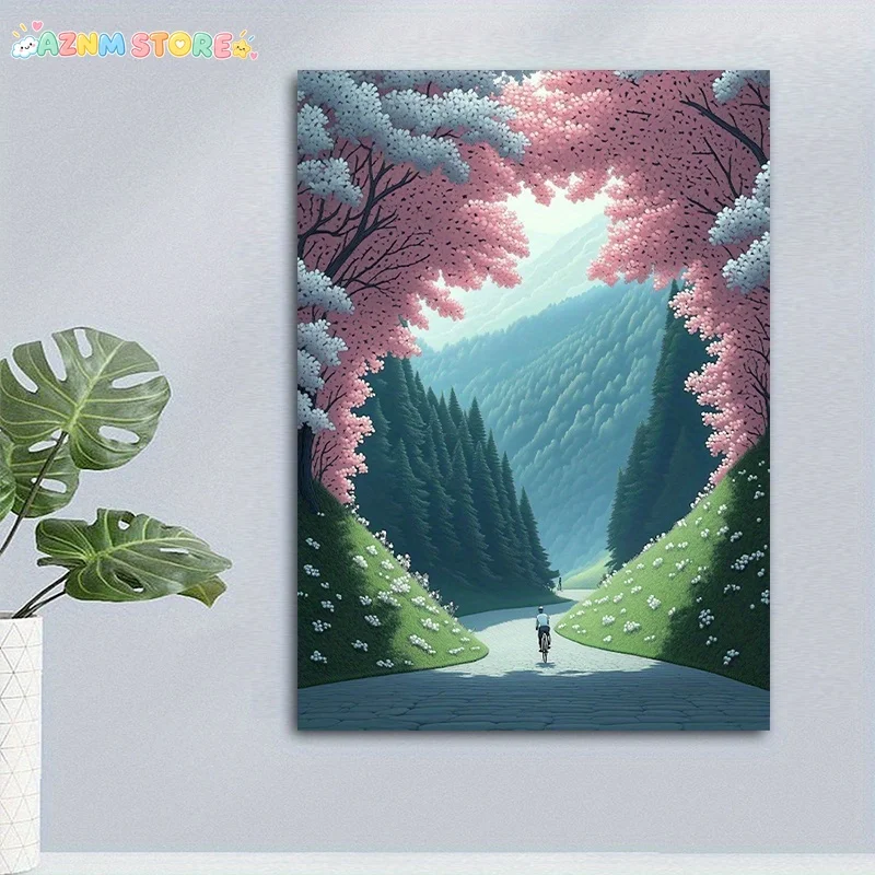 2027,Frameless Canvas Print, Mountain Path Cherry Blossom Snow Peak Scenery Wall Poster, Soft Tone Nature Wall Decor, Housewa