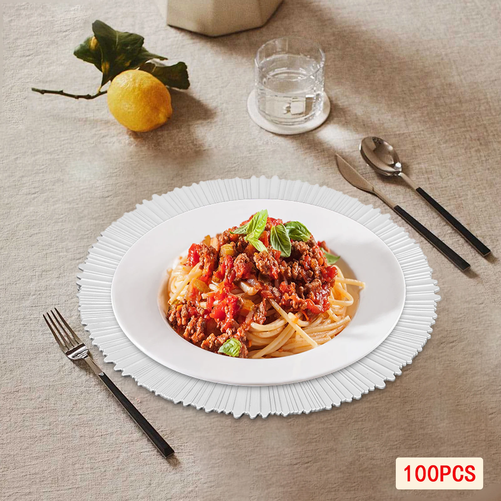 

Silver Dessert Plates Set, 100-Piece Round Party Plates, Reusable Modern Dinnerware for Fine Dining, 12.99In Decorative Plates