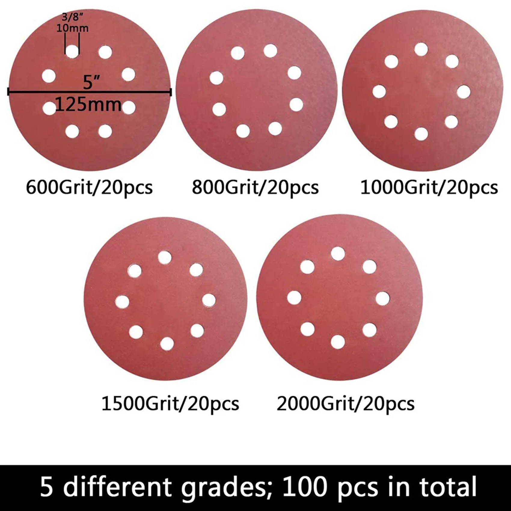 AB06 200 PCS 5 Inch 8 Holes Hook And Loop Sanding Disc Sandpaper, 40 Pcs Each Of 600 800 1000 1500 2000 Grits Sand Paper