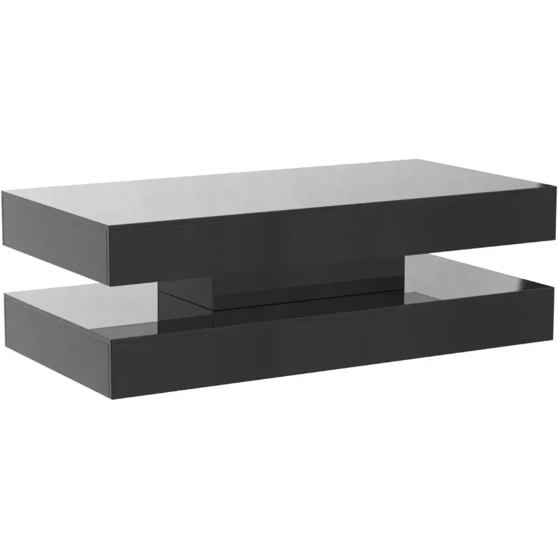 47.3인치 대형 고광택 LED 커피 테이블(수납 서랍 2개 포함), 검정색/흰색 거실용 현대식 커피 테이블, 거실용