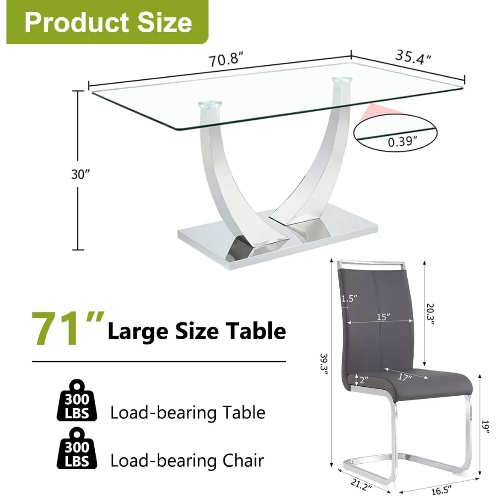 Zestaw stołów do jadalni ze szkła 71 cali, stół kuchenny i krzesła ze skóry PU na 8 osób, blat ze szkła hartowanego, zestaw stołów do jadalni na 8 osób