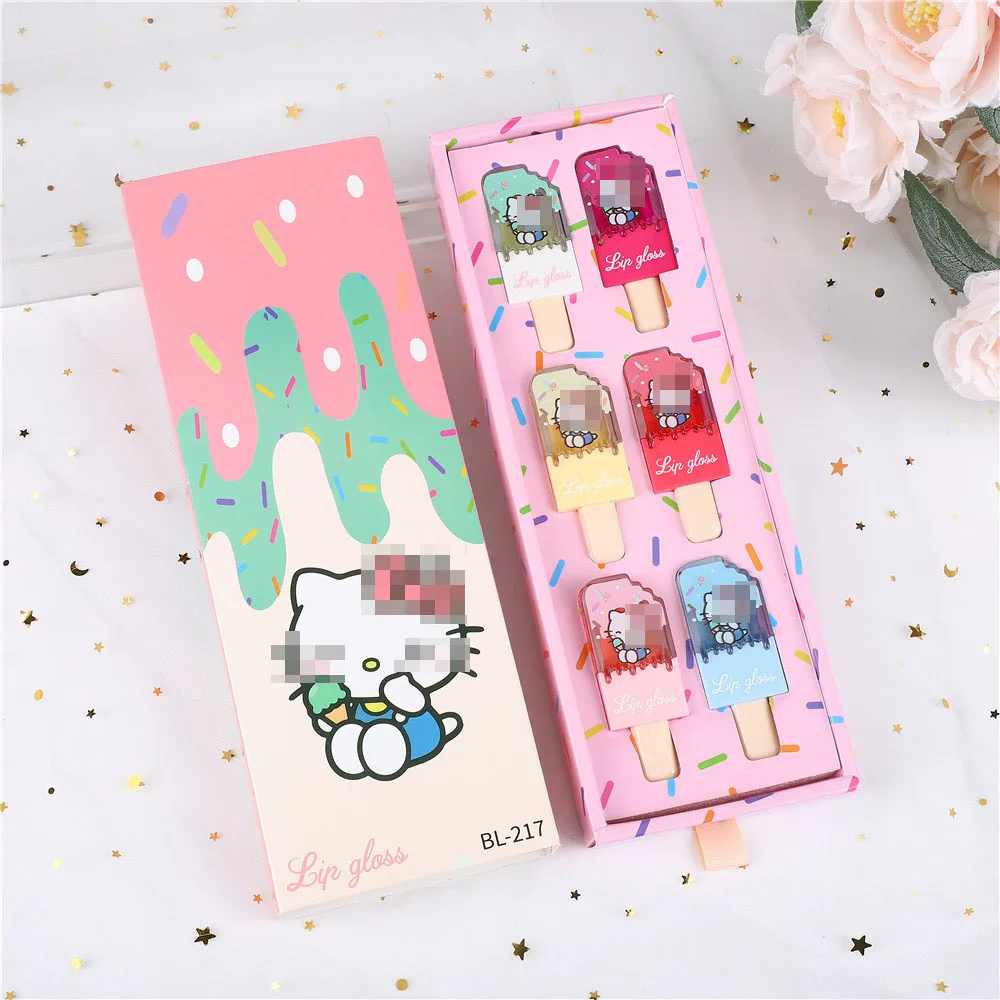 6Pcs Cute Cat Ice Cream Lip Gloss Set Glossy Lip Tint Moisturizing Waterproof Lip Gloss Girls Party Gift Favors Lips Makeup