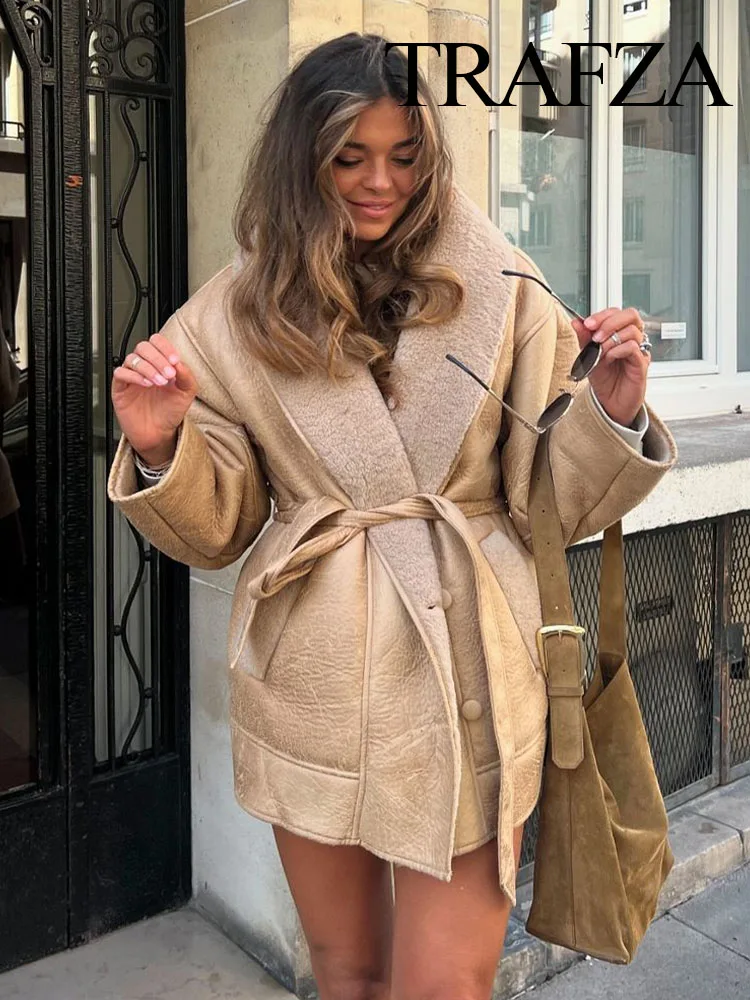 

TRAFZA Women's Fashion Turn Down Collar Lace-Up Fur All-in-One Jacket Female Vintage Single Breasted Pocket Long Sleeve Overcoat