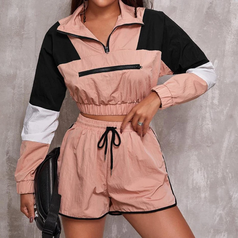 Shorts Two Piece Set New Fashion Women Spring Autumn Long Sleeve Pink Sweatshirts Zipper Crop Tops Patchwork Elastic Waist Short