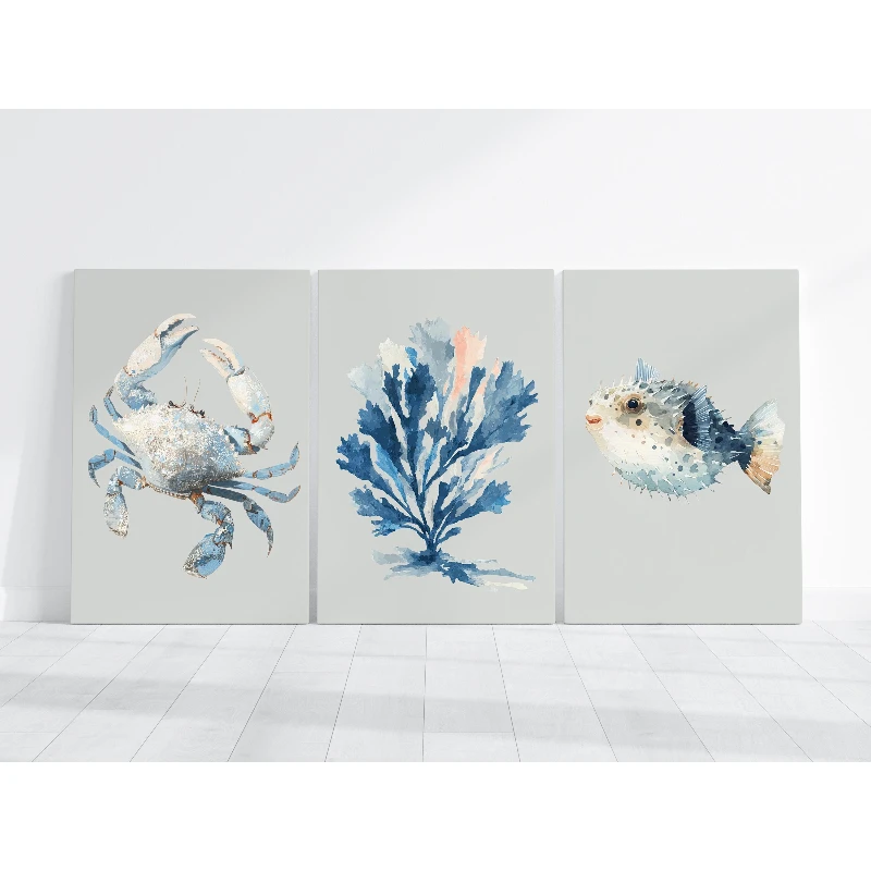 3pcs Blue Seaside-Themed Art Posters Crabs, Seaweed, and Pufferfish Marine Life Canvas Prints for Home Living Room Decor
