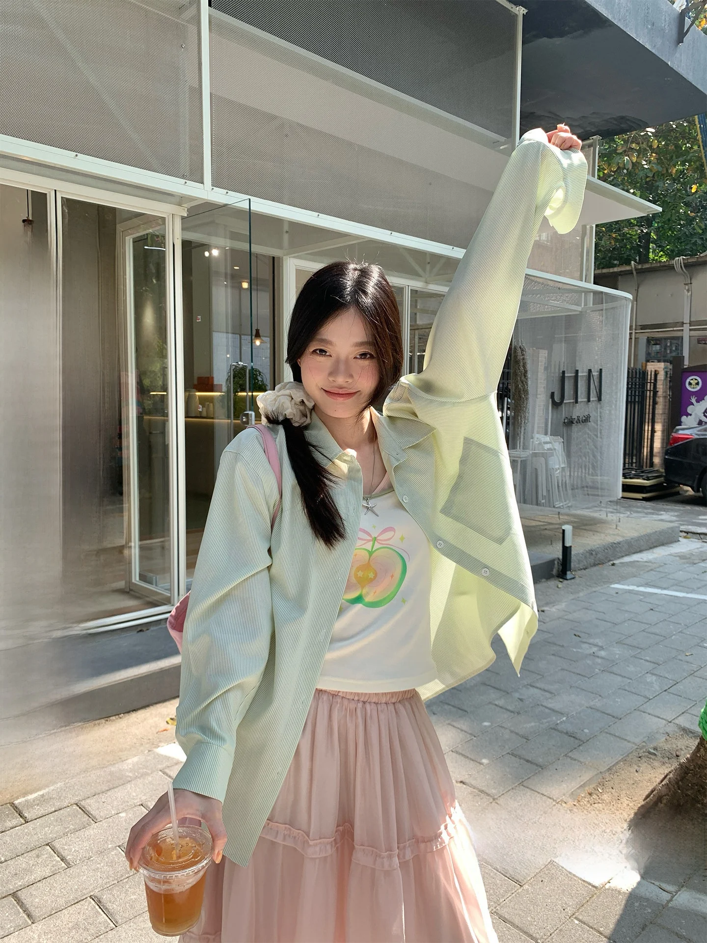 

Loose Long Sleeve Striped Shirt Women's Spring Fashionable Slimming Outerwear Mint Green Korean Style Commute Wind Shirt