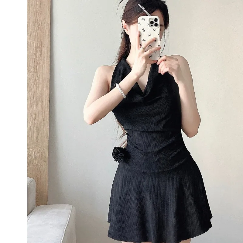 2026 New Women Halter Cowl Neck Swim Dress 3D Rose Decor Textured Slim Tummy Control Pure Desire Beach Spa Vacation Bathing Suit