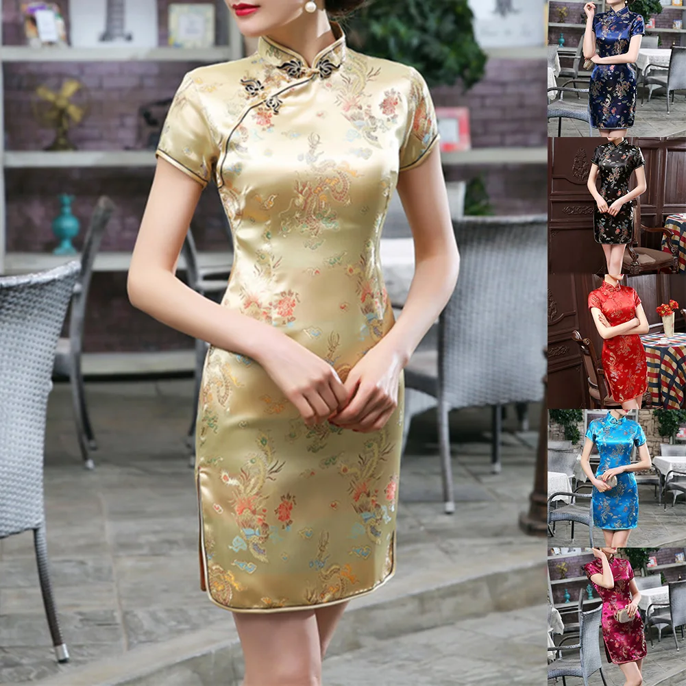 Abito cheongsam da donna artistico che mostra un unico ricamo Dragon Phoenix su un design classico, ideale per tutte le occasioni