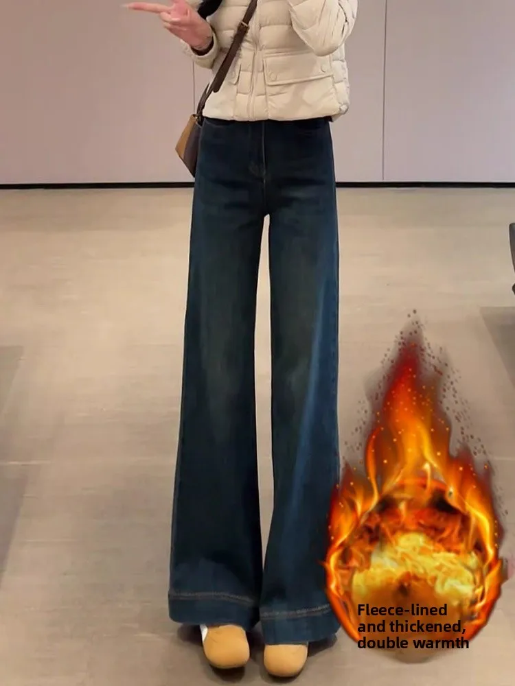 

Retro Thickened Fleece Lined Straight Leg Jeans Women's Winter plus Size Flared High Waist Wide Leg Loose Fit Denim Pants