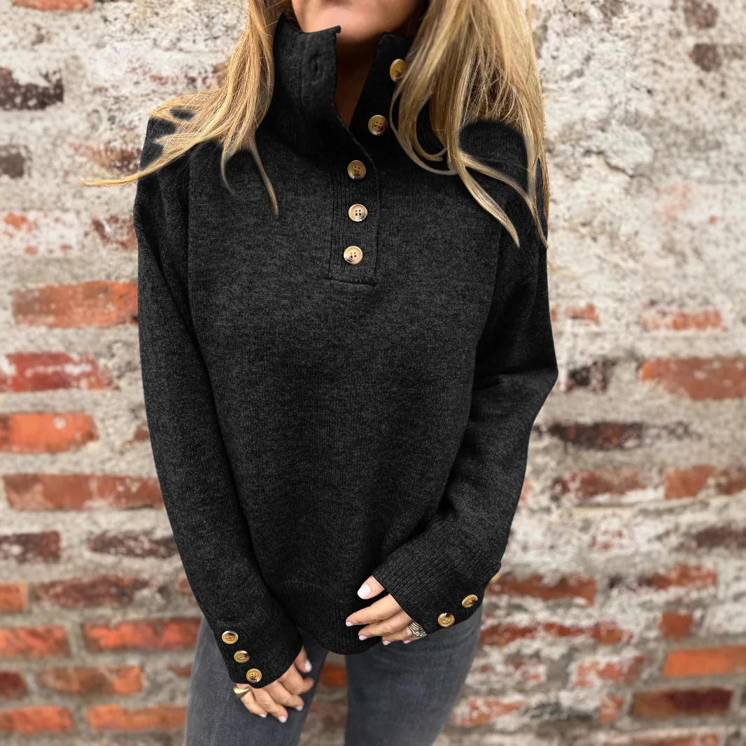 2026 Autumn and Winter New Stand-up Neck Knitted Sweater Solid Color Button Casual Loose Sweater Women 4