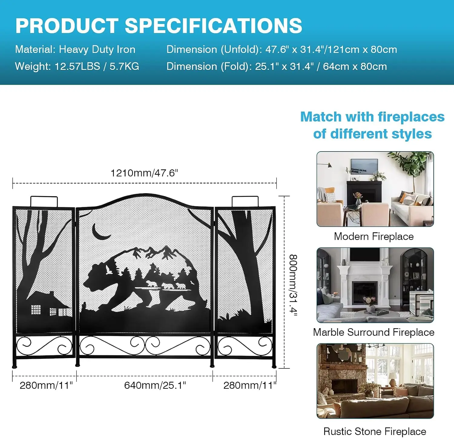 3-Panel Folding Fireplace Screens Decorative, 47.6