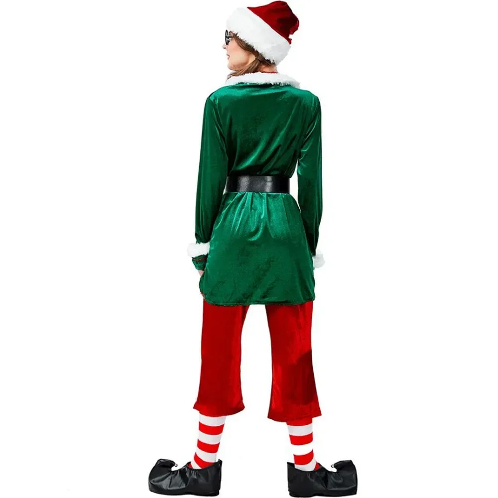 Deluxe 6Pcs Women's Christmas Costume Cosplay Santa Claus Uniform Suit For Adults Green Elf Xmas Holiday Party Fancy Dress