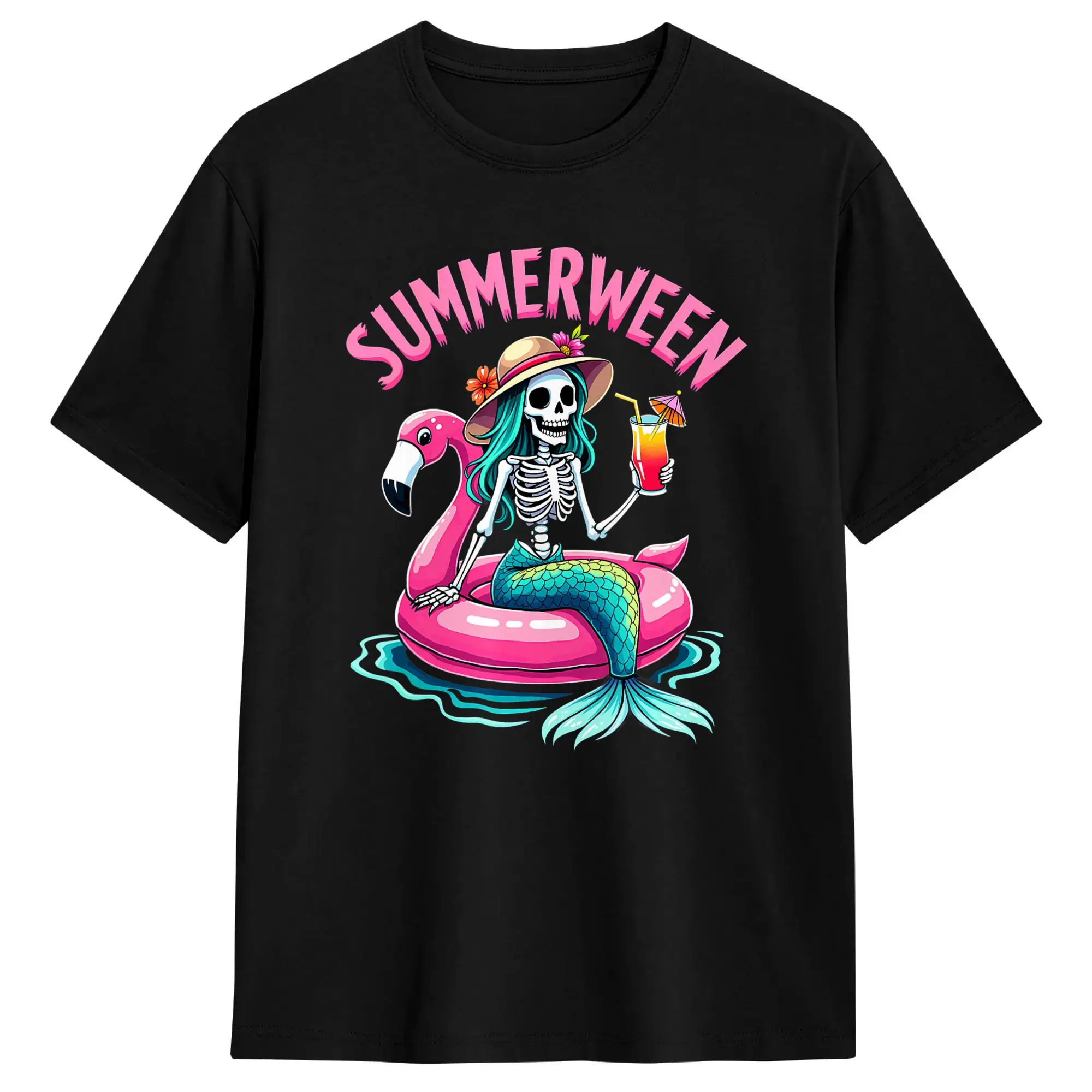 Camisetas de algodón de manga corta con cuello redondo para hombre, diseño novedoso de sirena, esqueleto, flamenco y Halloween para la playa