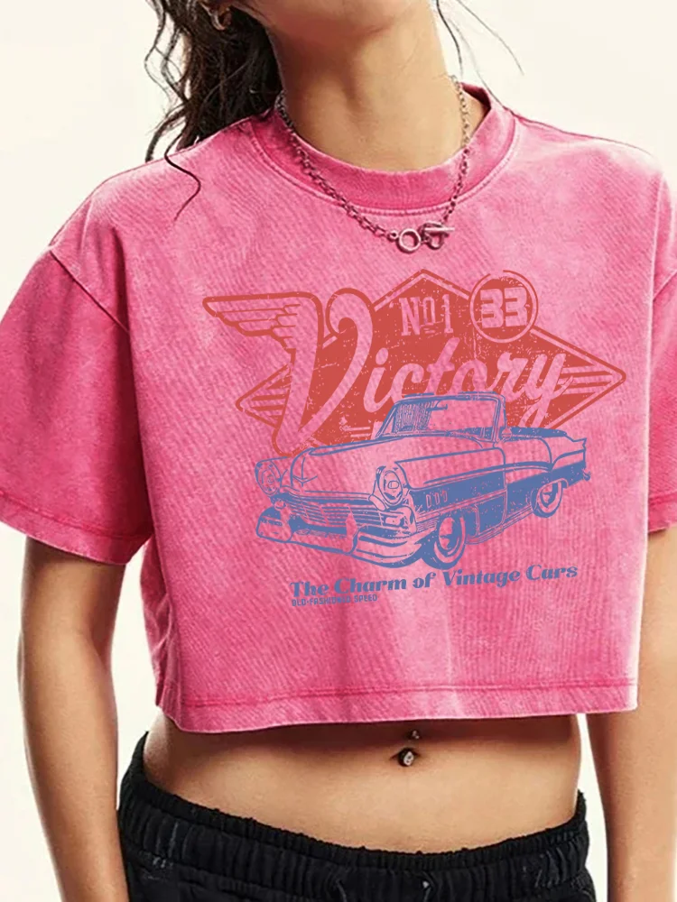 Cool Car Patterns Printing Women Washed Short Tshirts Summer Fashion T-Shirt Breathable O-Neck Tee Shirts Midriff-Baring Clothes