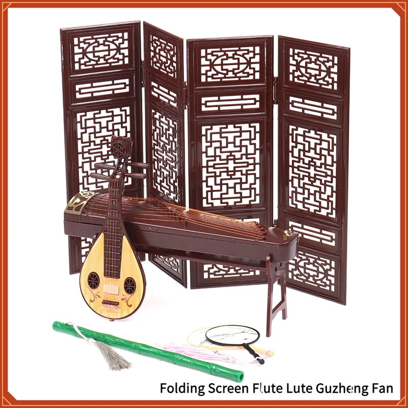 1Pcs Miniature Folding Screen With Guzheng Flute Lute Fan - Life Scene Dollhouse Ornament for Collectors