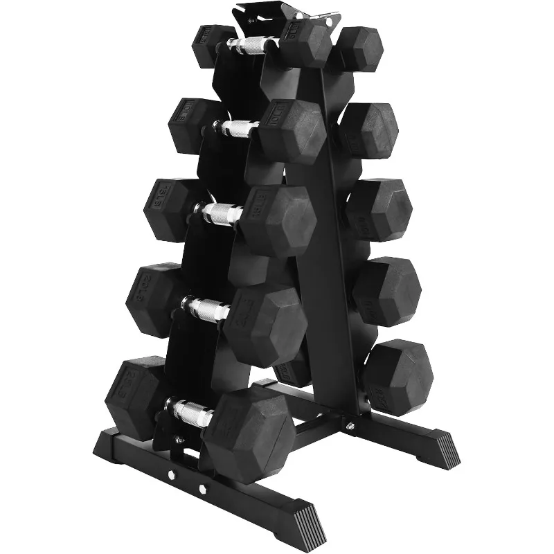 Rubber Coated Hex Dumbbell Weight Set with Storage Rack, 100LB or 150LB or 200LB Set, 5-20 lbs or 5-25 lbs or 10-30 lbs Pairs