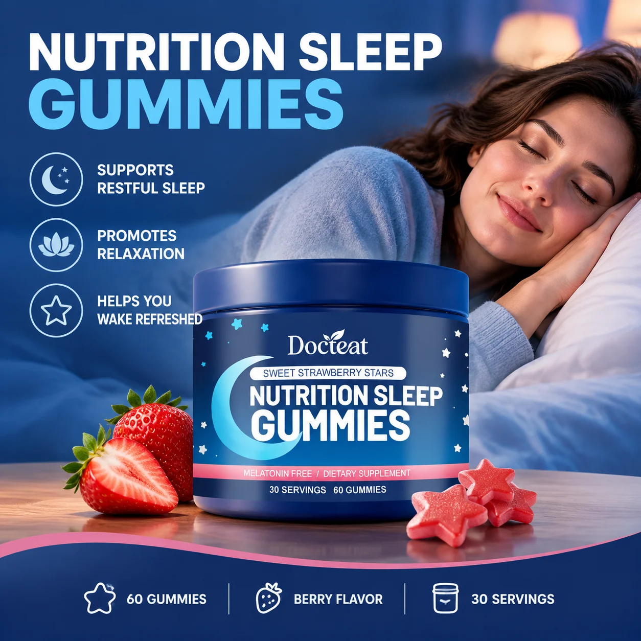 Docteat Sleep Gummies Magnesium L-Theanine Valerian Chamomile Supports Restful Better Sleep Relaxation Calm Unwind Bedtime 60pcs
