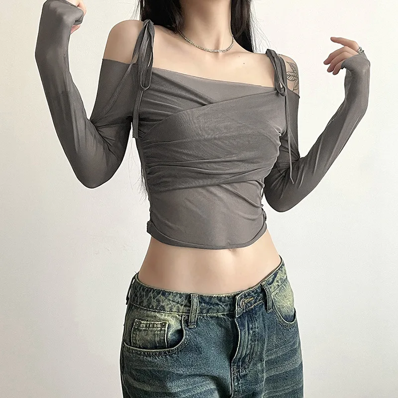 T-Shirts Women Solid Slim Fit Hipster Streetwear Long Sleeve Off-shoulder Crop Tops Casual Sweet Spicy Girls Summer Ulzzang Y2k