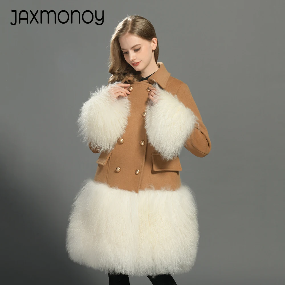 Jaxmonoy Women's Wool Coat with Real Mongolian Sheep Fur Hem Ladies Winter Wool Blend Coats Fashion New In Outerwear 2024 Fall