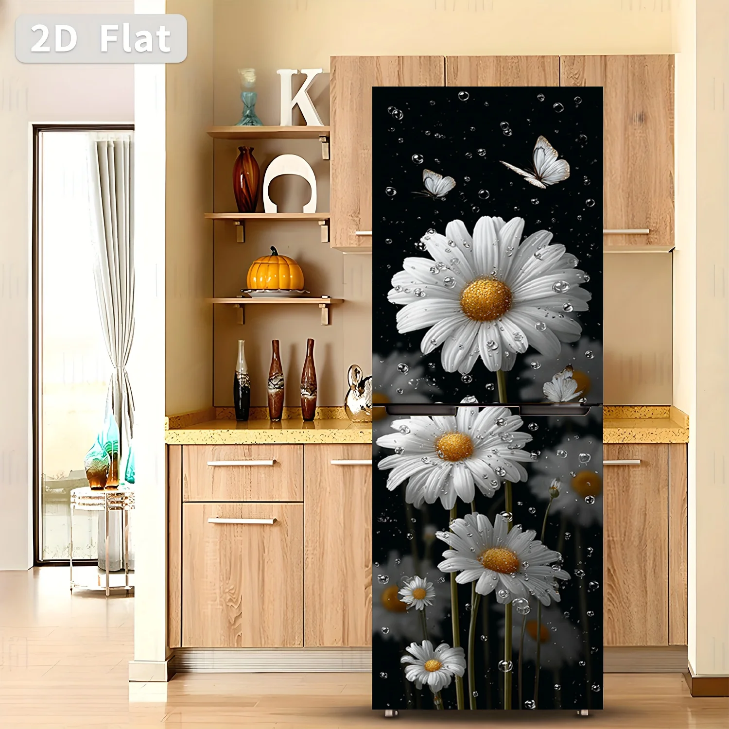 2D Flat Printing 1pc Refrigerator Sticker  Daisy and Butterfly Theme Design Wall Decal Self-Adhesive Wallpaper Suitable for Ca