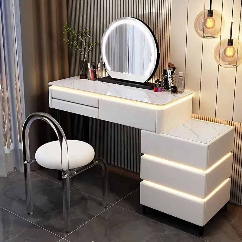 

NOVA Marble Tabletop Smart Makeup Vanity Table With LED Lights Mirror Solid Wood Dressing Table for Girls Bedroom Furniture
