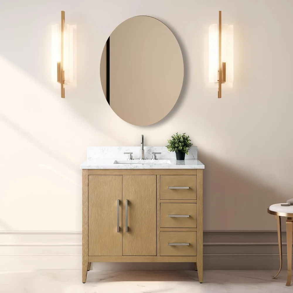 36 inch Bathroom Vanity with Single Sink & Ceramic Top, Vanity Cabinet with Soft-Closing Doors, Solid Wood Frame, Natural Oak