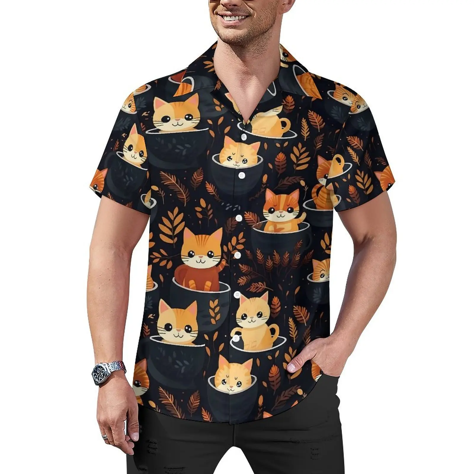 

Cartoon Magic Cats Beach Shirt Mugs in Delight Hawaiian Casual Shirts Men Cool Blouses Short Sleeves Streetwear Graphic Top