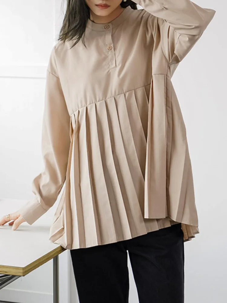 Bonboho-Camiseta de manga larga con cuello levantado para mujer, camisa plisada abotonada a la moda, Tops informales, Color sólido, 2026