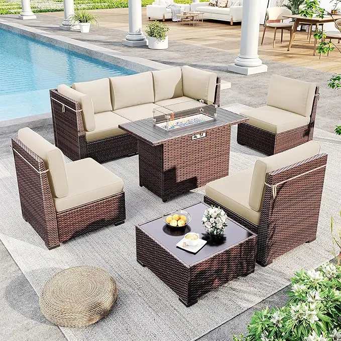 Patio Furniture Set with 44" Fire Pit Table 8 Pieces Rattan Patio Sectional Sofa Conversation Set