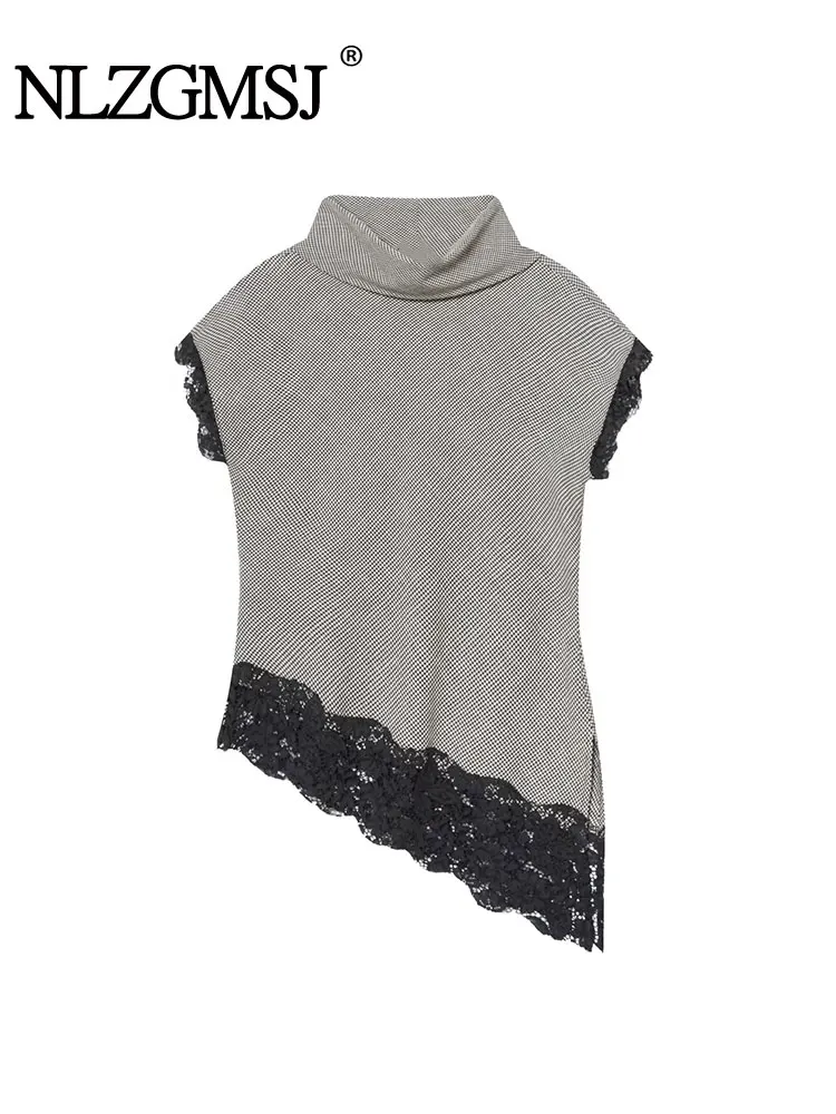 NLZGMSJ Schickes Damen-Top mit asymmetrischem O-Ausschnitt, ärmellos, Kreuzfalten, modisch, 2025, Streetwear, Spitze, Patchwork, Y2K