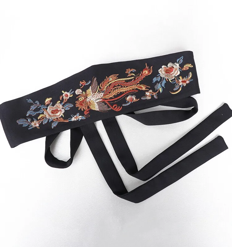 Women Chinese Style Vintage Embroidered Phoenix Floral Wide Fabric Self Tie Decorative Obi Belt For Hanfu And Dresses 260cm Long