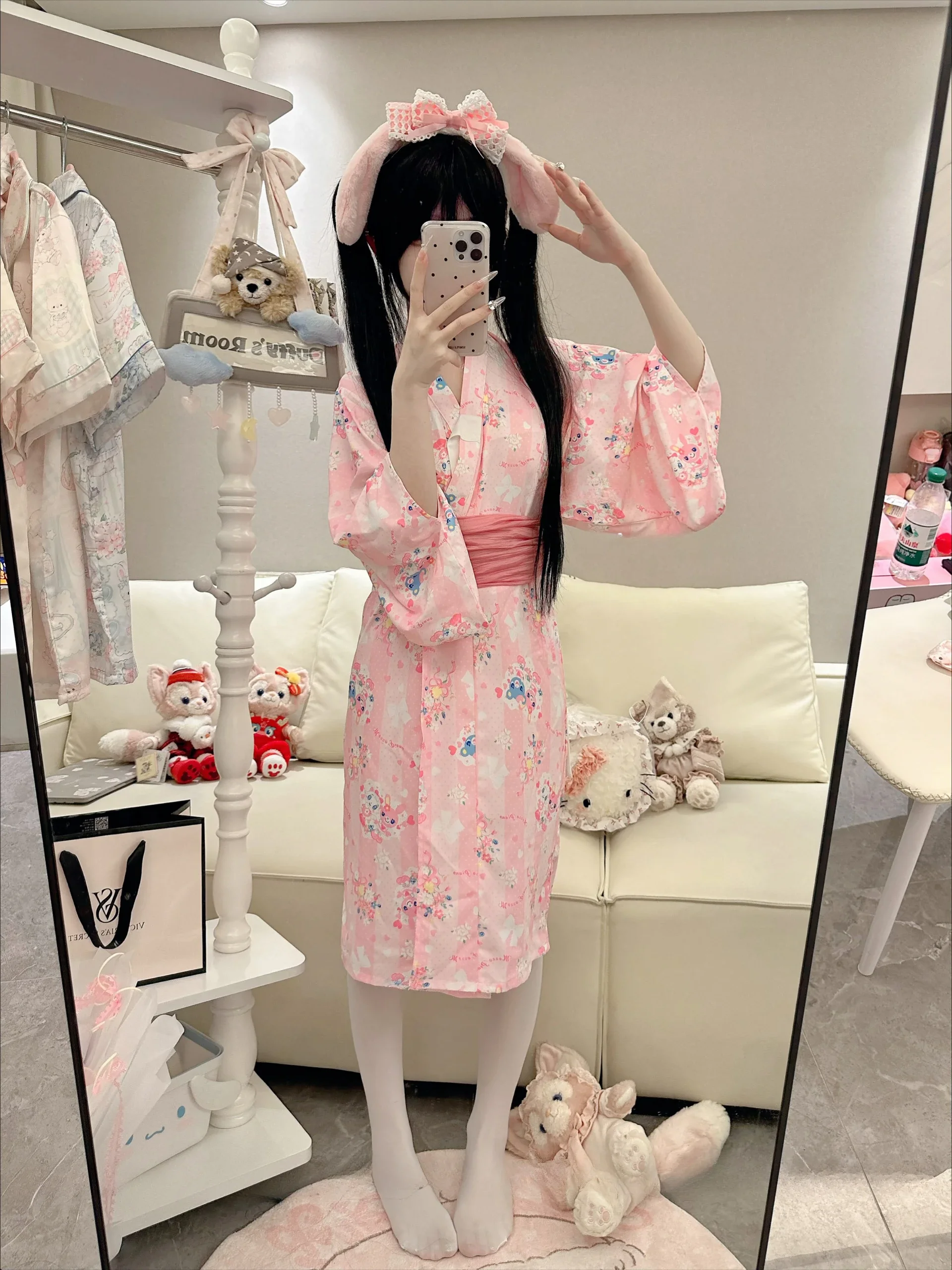 Pink Yukata Japanese Style Sweet Bathrobe Cartoon Robes with Belt Kimono Nightgown Pajama Sets Girls Home Clothes Costume