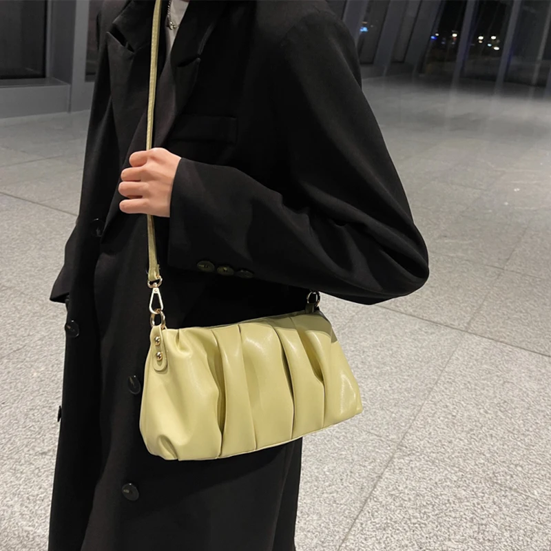 2024 Spring New Solid Cloud Pleated Handlebags for Women Textured PU Armpit Shoulder Bags Trend Chic Lady Commuter Crossbody Bag