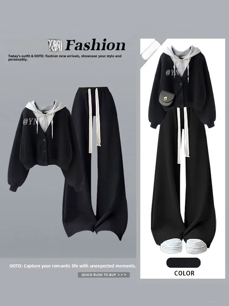 Trendy Hoodie Jaet And Casual Pants Set for Women Loose Fit Comfortable Autumn Winter Outfit to Hide Flaws And Slim Body