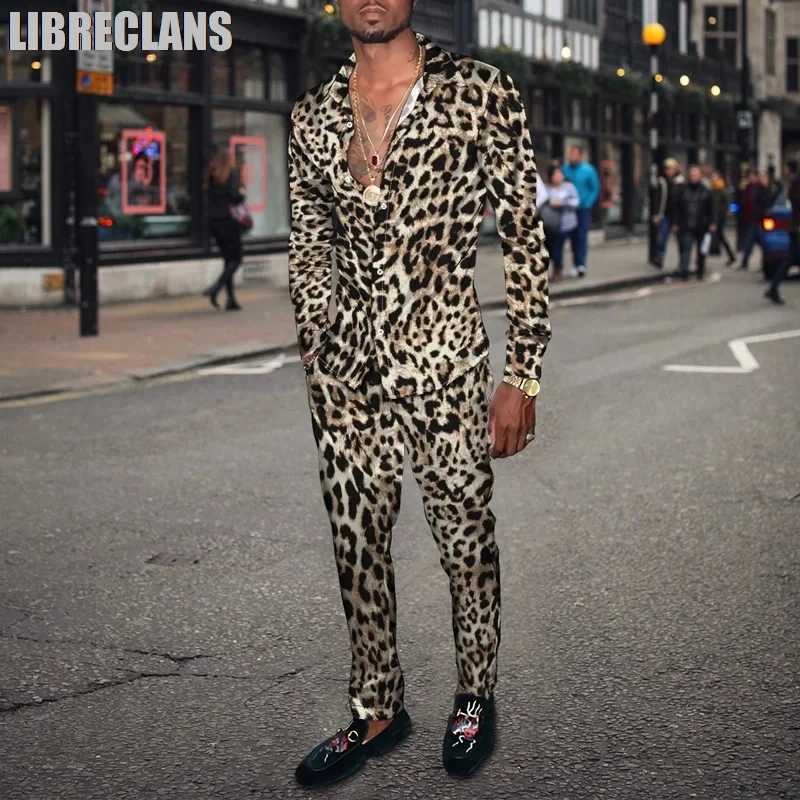 Fashion Leopard Tiger Pattern 3D Print Men Casual Striped Patches Men's Lapel Long Sleeve Shirt Long Pants 2 Piece Sets Clothing