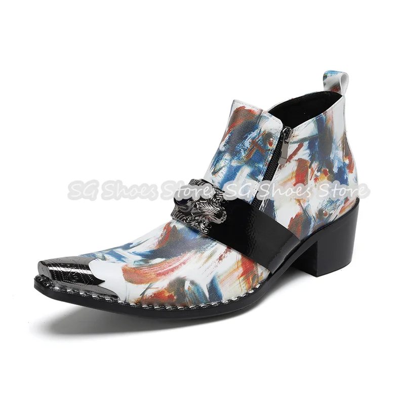 

Crystal Strap Male High Heel Chelsea Boots Fashion Mixed Color Graffiti Prints Ankle Short Boots for Men Wedding Dress Shoes